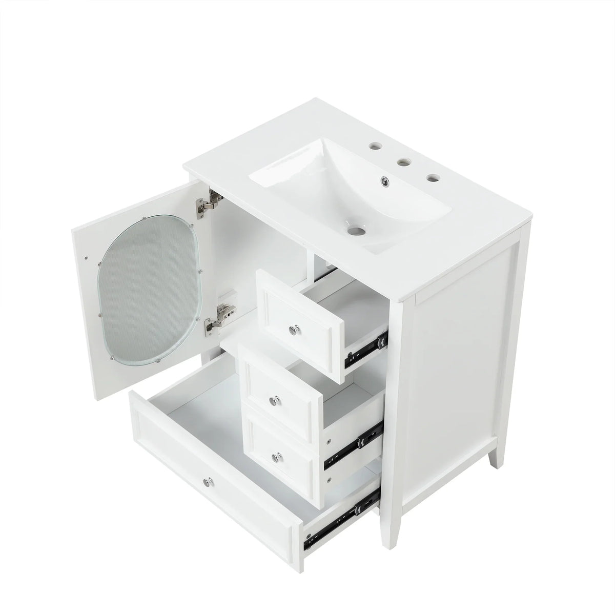 eprolo 30 inch white bathroom vanity with sink, open door, and three drawers