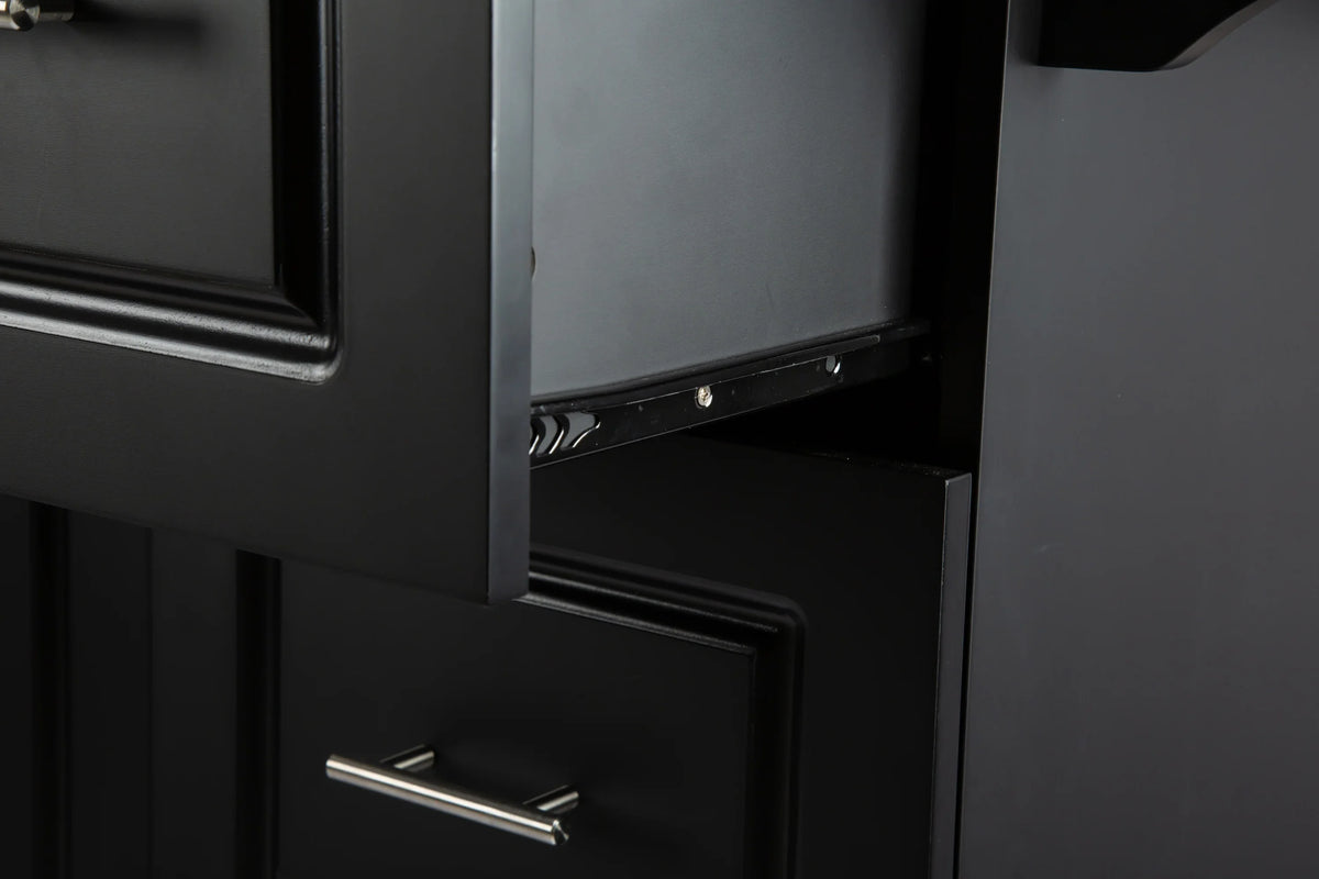 Close-up of the sliding drawer mechanism on a black eprolo mobile kitchen island.