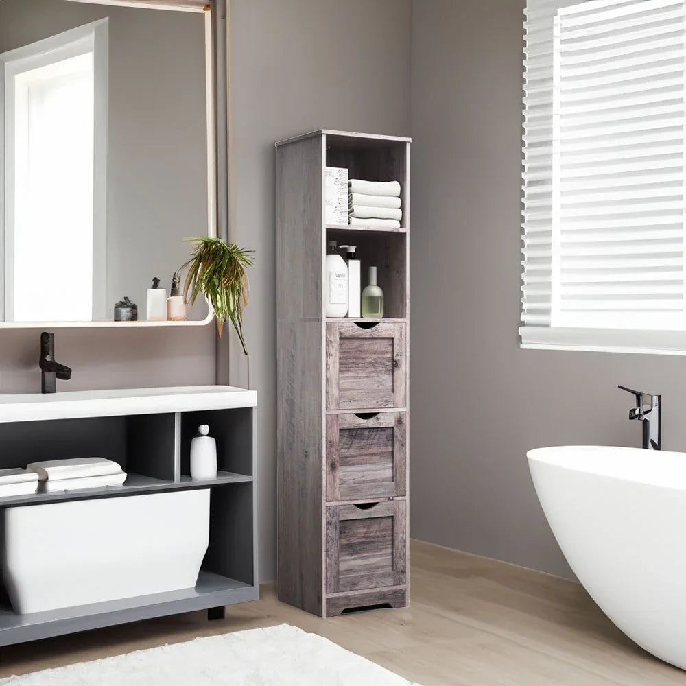 eprolo tall narrow grey bathroom floor cabinet with open shelves and three drawers