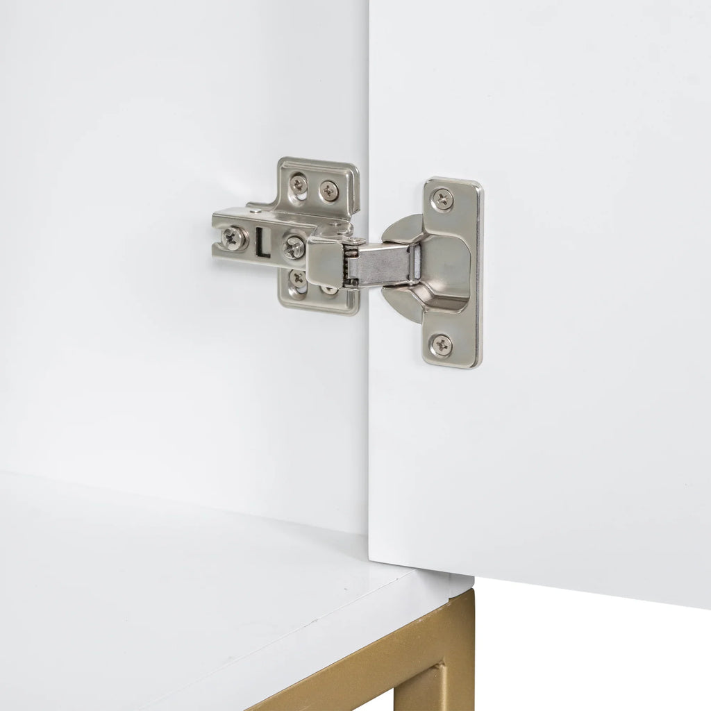 Close-up of a silver metal hinge on the white door of an eprolo bathroom vanity cabinet.