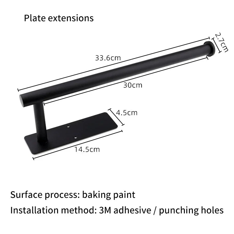 Black perforated stainless steel kitchen tissue holder by eprolo with dimensions.