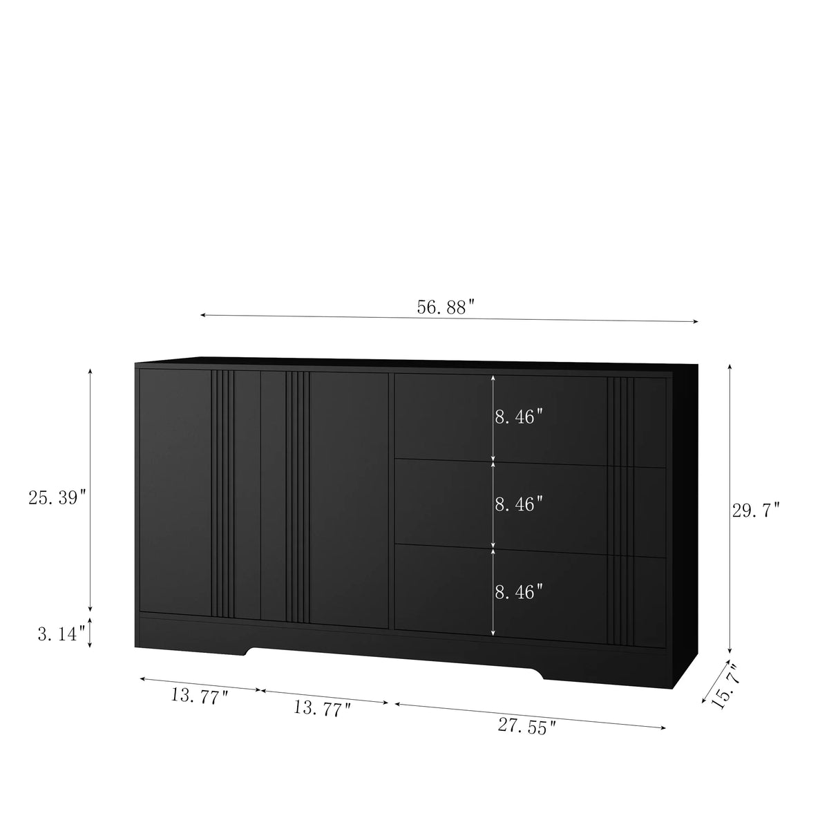 Dimensions of a black modern eprolo kitchen buffet with storage drawers and doors