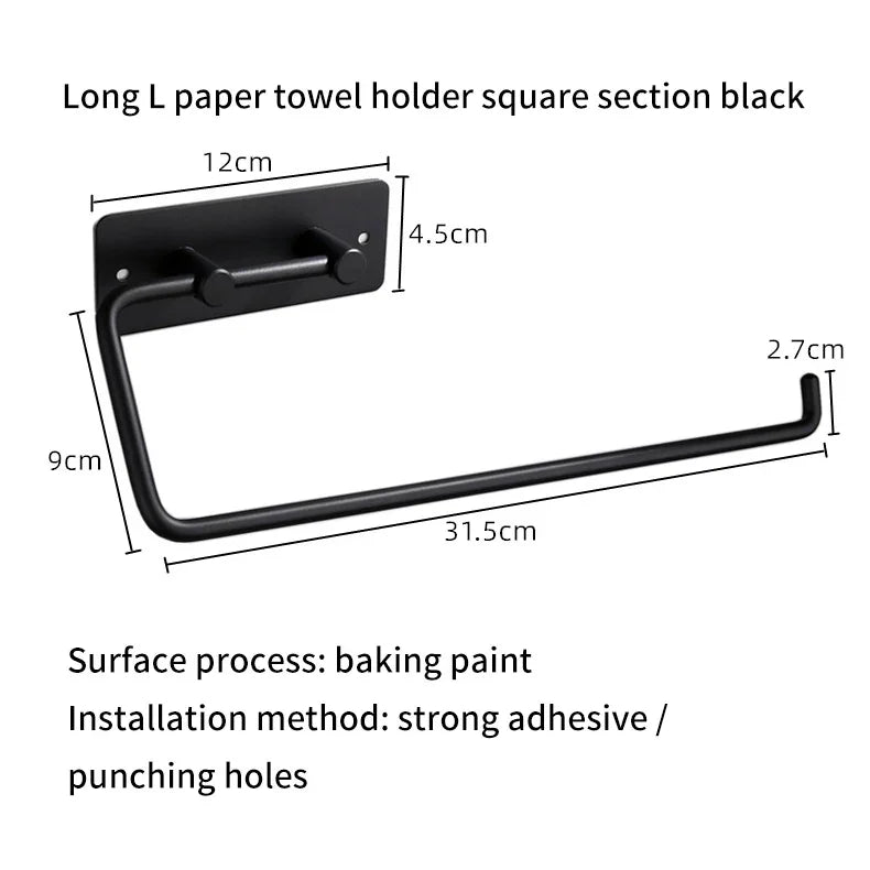Black perforated stainless steel kitchen paper towel holder by eprolo with dimensions.