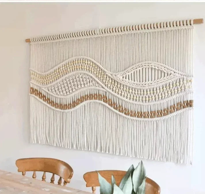 Boho macrame wall hanging tapestry with wooden beads and wavy pattern for living room decor