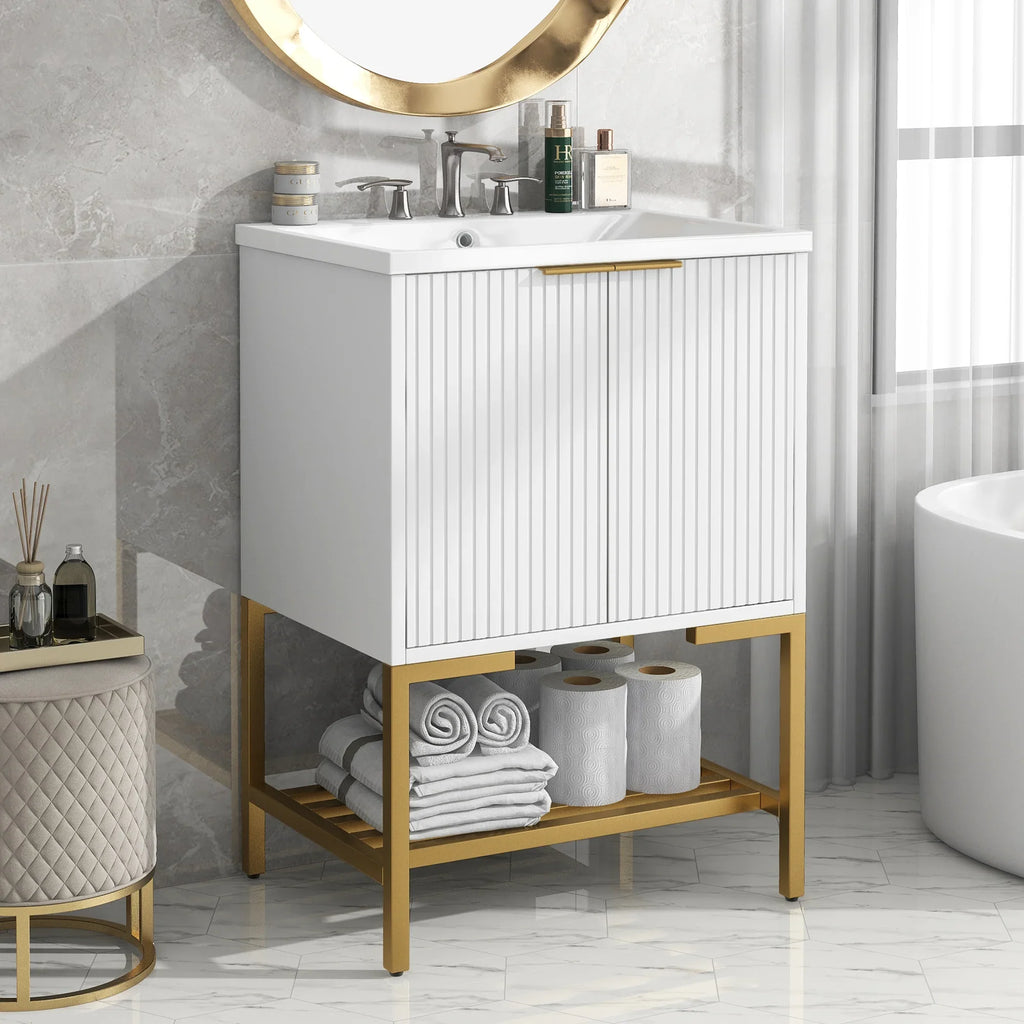 eprolo 24 inch white bathroom vanity with gold metal frame and open storage shelf