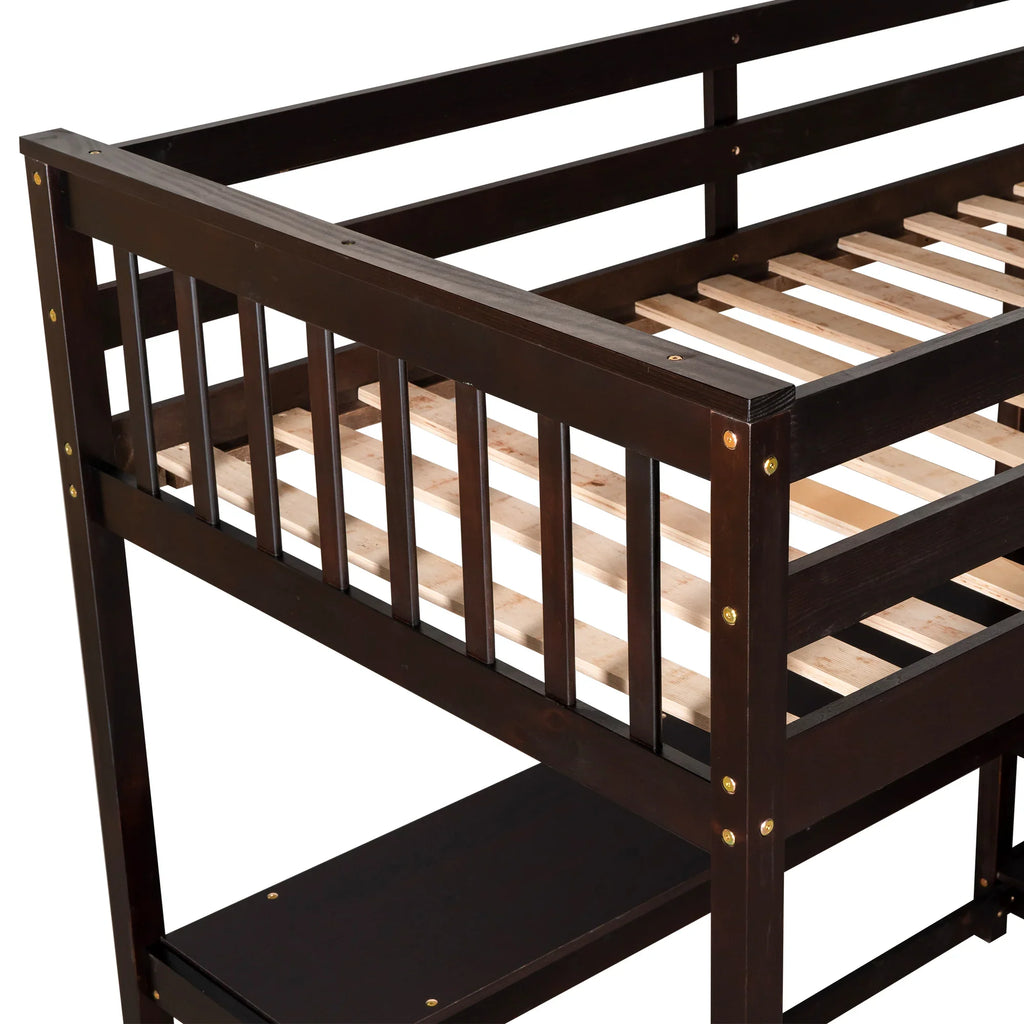 Espresso twin size loft bed by eprolo with wooden slats and built-in storage shelves.