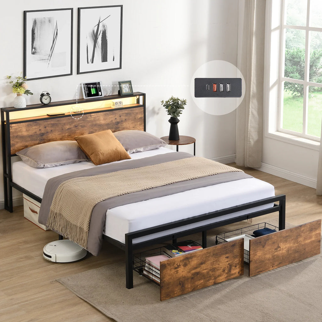 eprolo LED platform bed with storage drawers and a built-in charging station headboard.