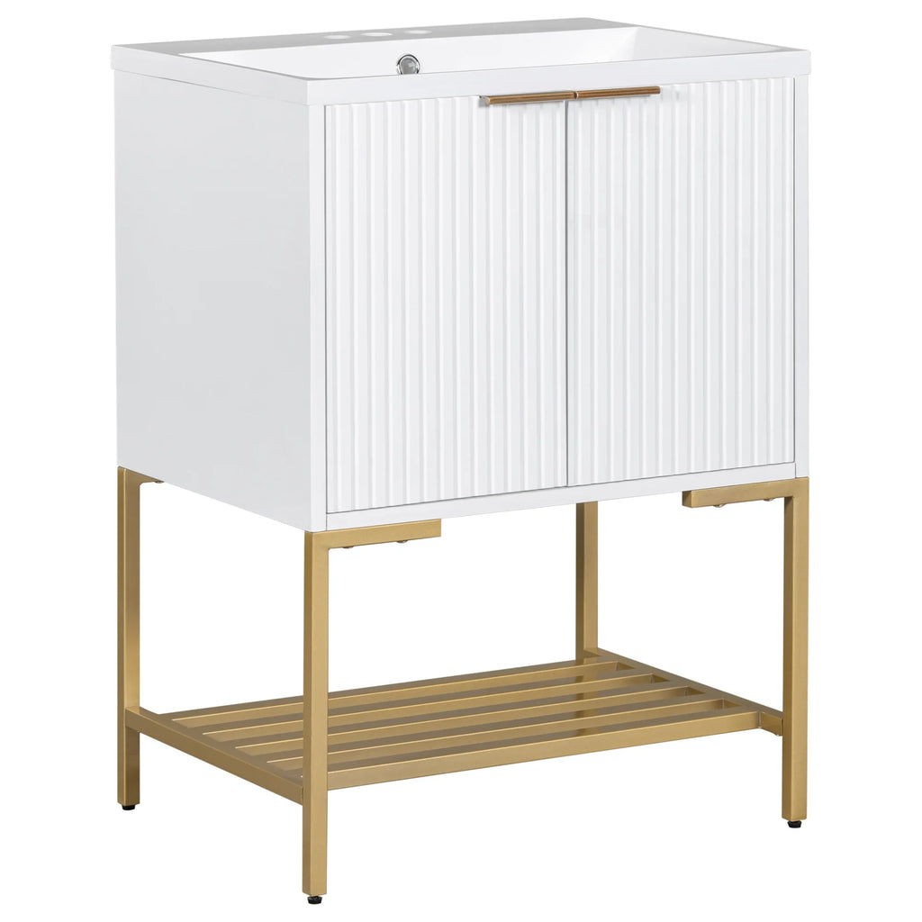 eprolo 24 inch white bathroom vanity with gold metal frame and open storage shelf