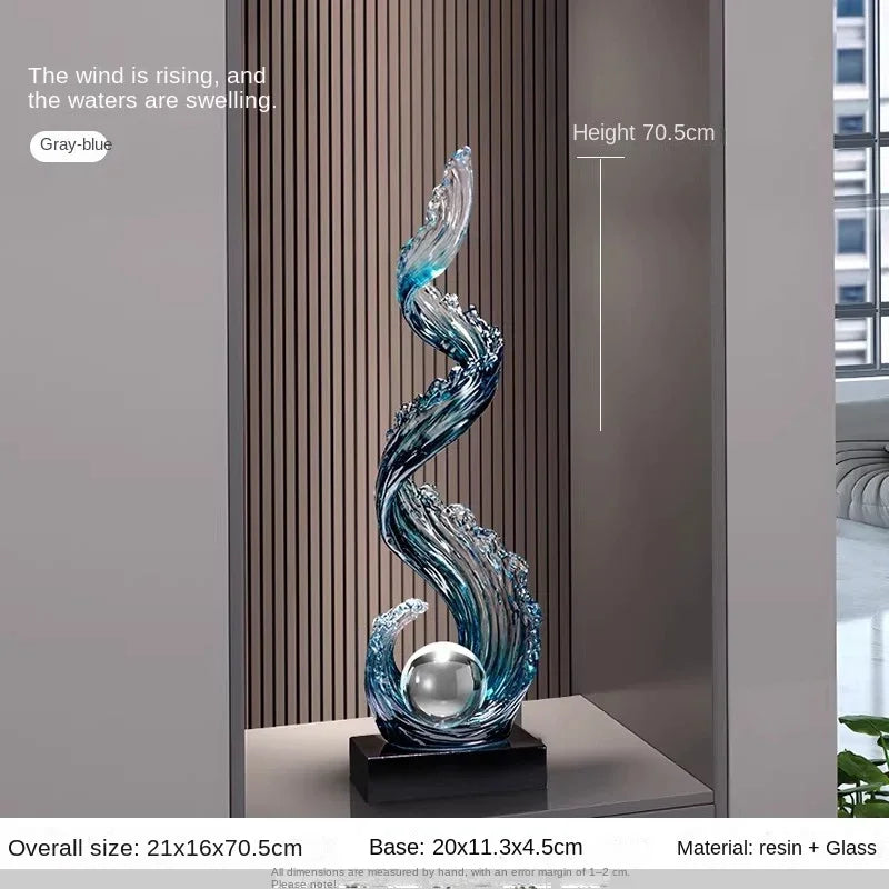 Large blue and gray wave-shaped resin and glass sculpture decoration for living room entrance hall