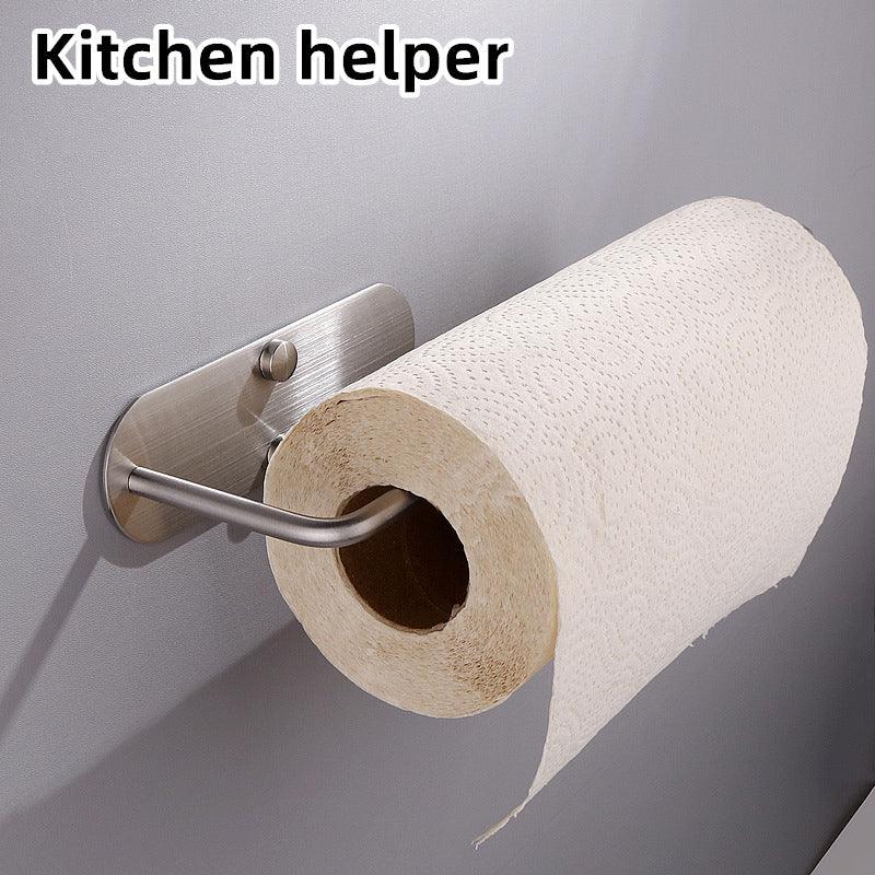 Stainless steel wall-mounted kitchen paper towel holder with a roll of white paper towels.