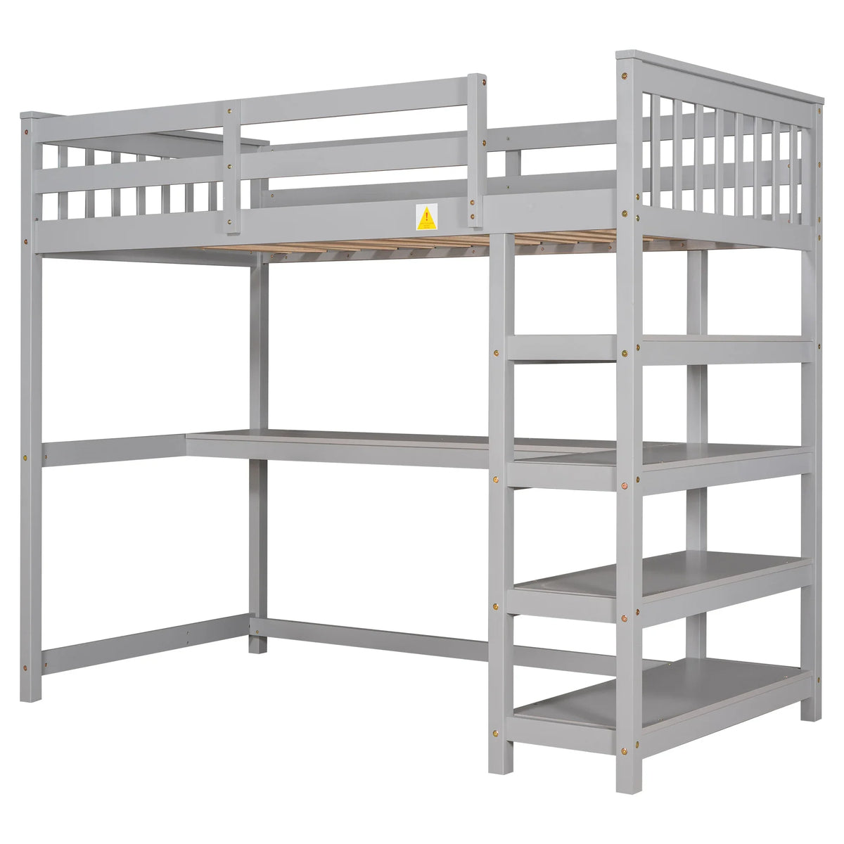 eprolo Twin Size Loft Bed in gray with integrated storage shelves and a built-in desk.