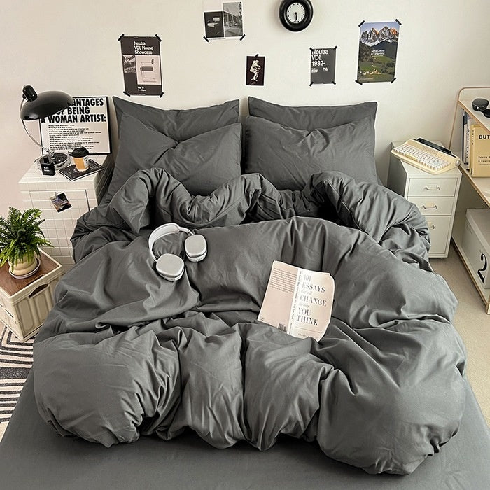 Washed Cotton Solid Color Double Spliced Four-Piece Bedding Set