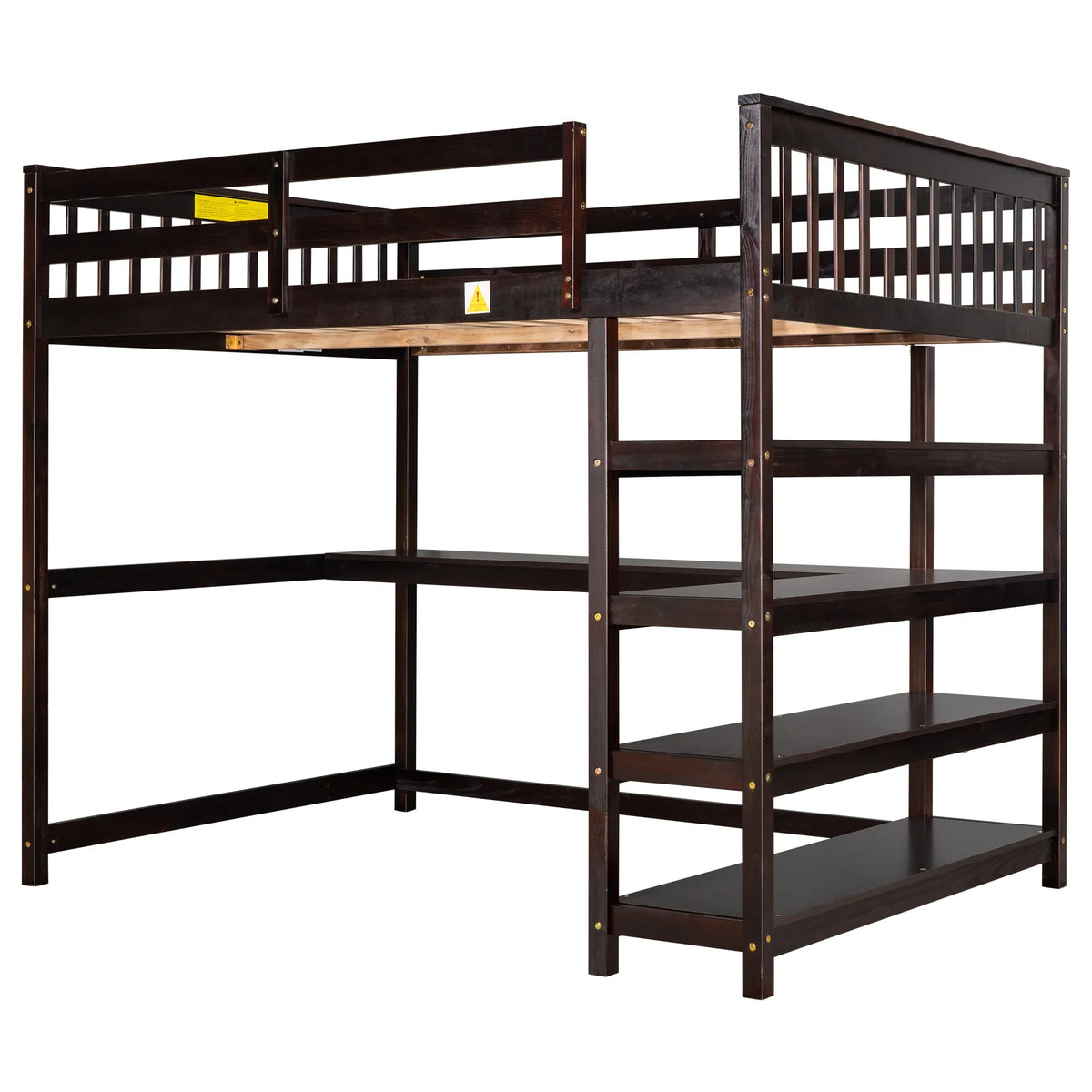 Eprolo full size loft bed in espresso with storage shelves and under-bed desk