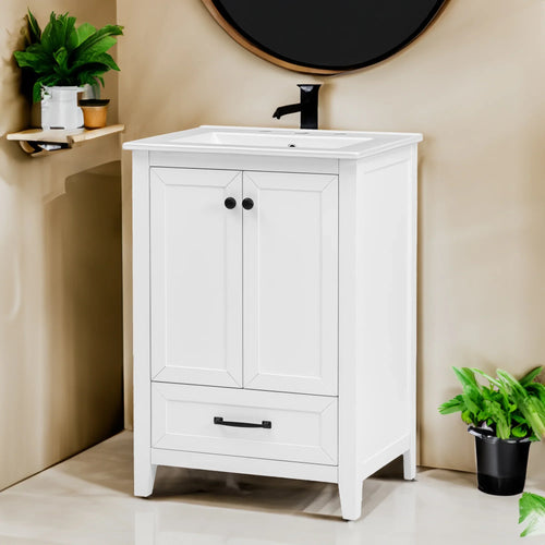 Eprolo 24 inch white bathroom vanity with sink, cabinet doors, and one drawer.