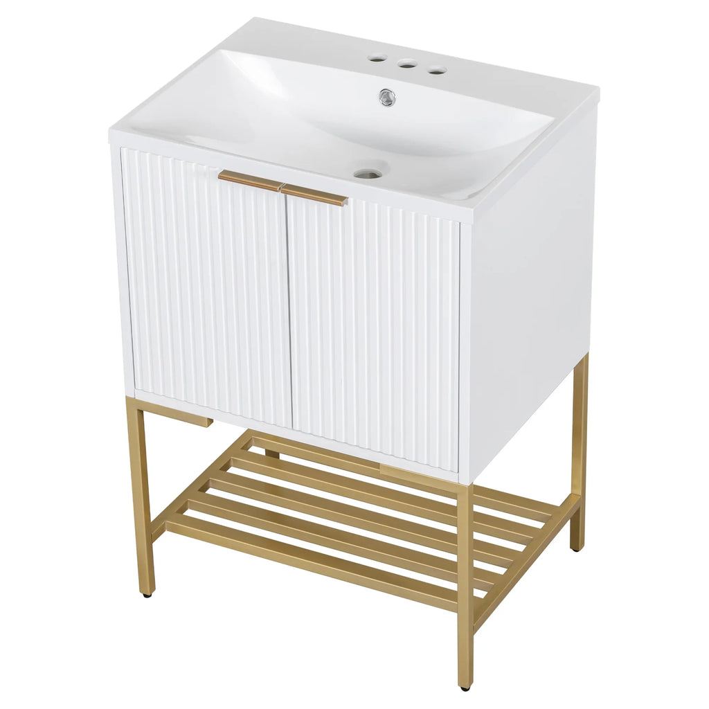 eprolo 24 inch white bathroom vanity with gold metal frame and open storage shelf