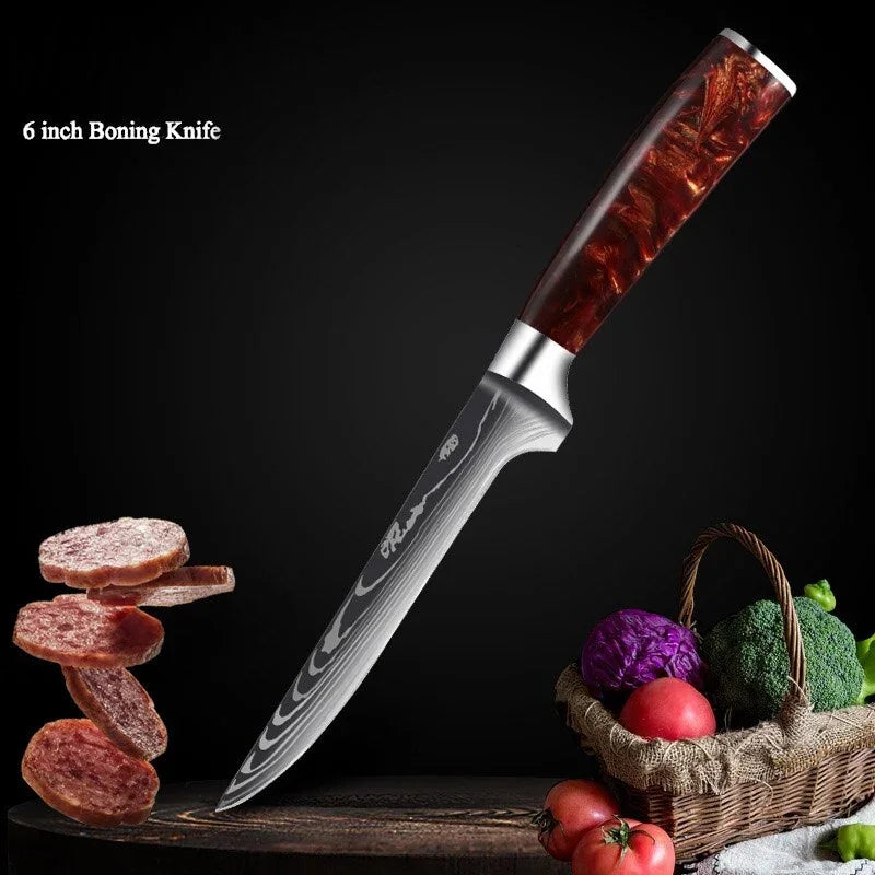 eprolo 6 inch boning knife with high carbon stainless steel pattern blade and wood handle.