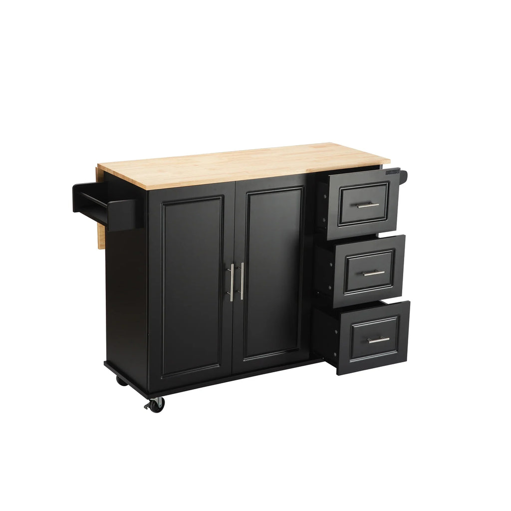 Eprolo mobile kitchen island with a rubber wood countertop and black storage cabinets.