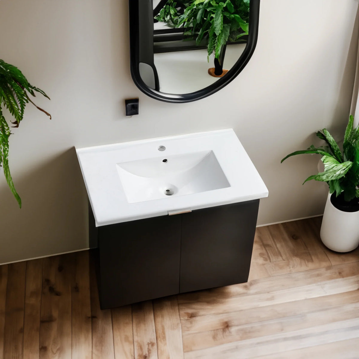 eprolo 30" bathroom vanity with a white ceramic top and dark brown cabinet on a wooden floor