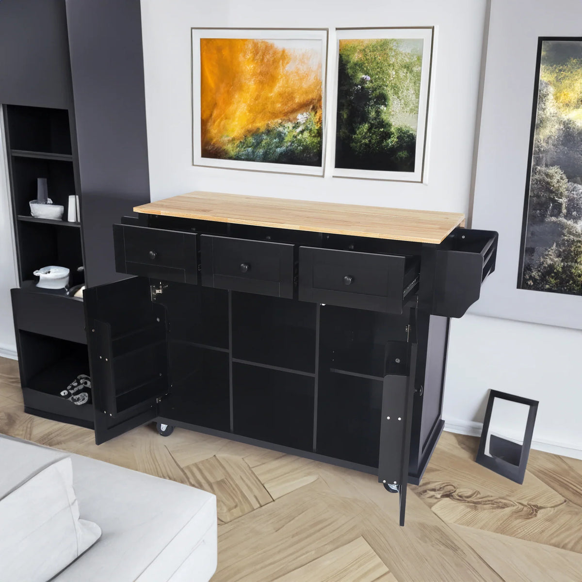 Black eprolo kitchen trolley with rubber wood countertop and three storage drawers