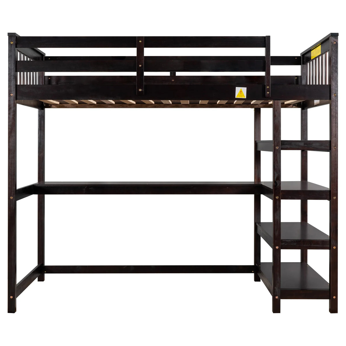eprolo twin size loft bed in espresso with integrated storage shelves and under-bed desk