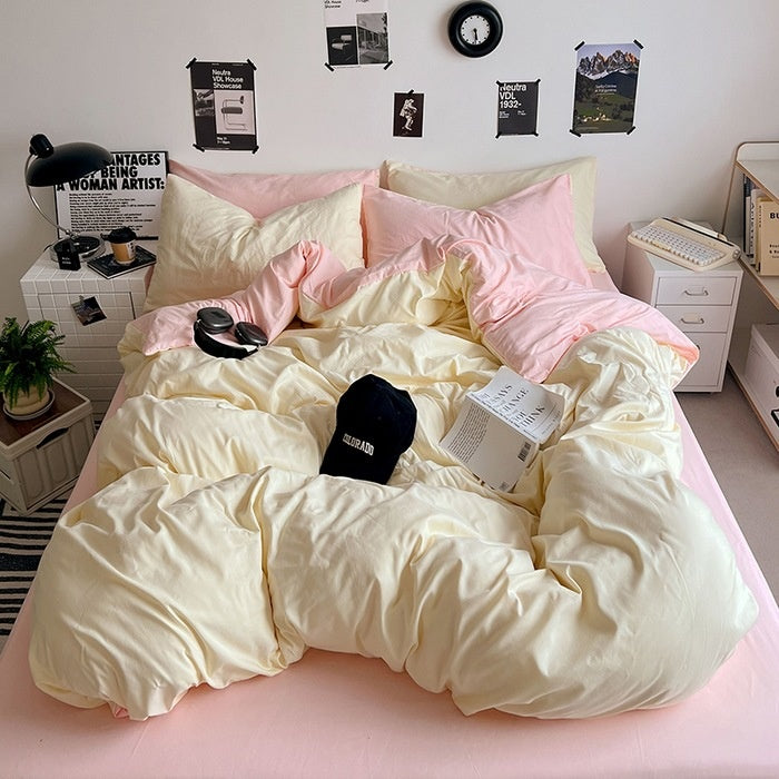 Washed Cotton Solid Color Double Spliced Four-Piece Bedding Set