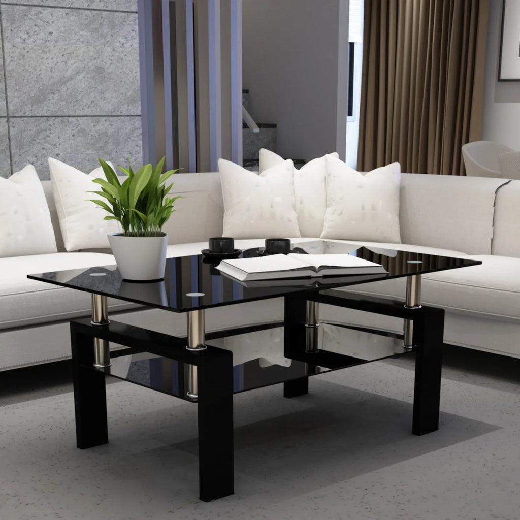 Modern eprolo rectangle black glass coffee table in a contemporary living room setting.