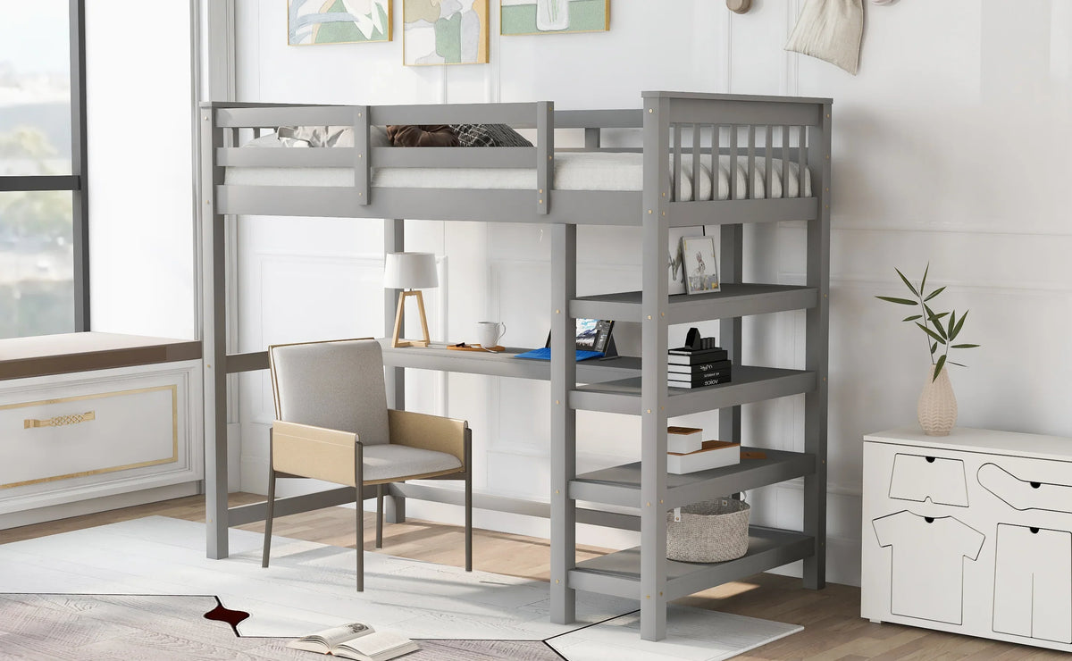 Gray eprolo twin size loft bed with integrated storage shelves and under-bed desk.