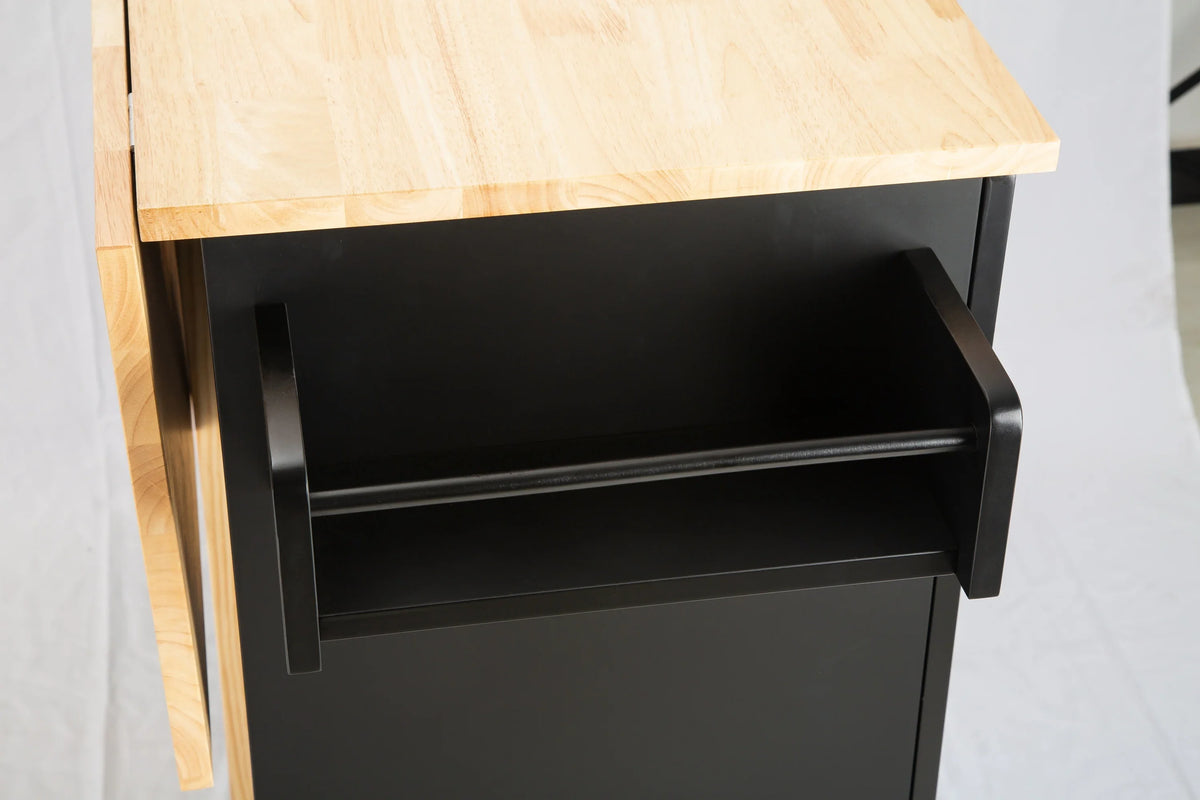 Close-up of the black base and rubber wood countertop of an eprolo mobile kitchen island.
