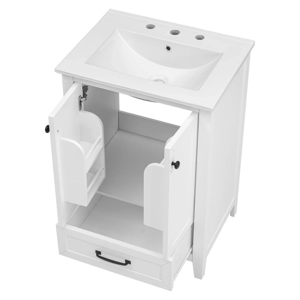 eprolo 24-inch white bathroom vanity with integrated sink, open cabinet doors, and one drawer