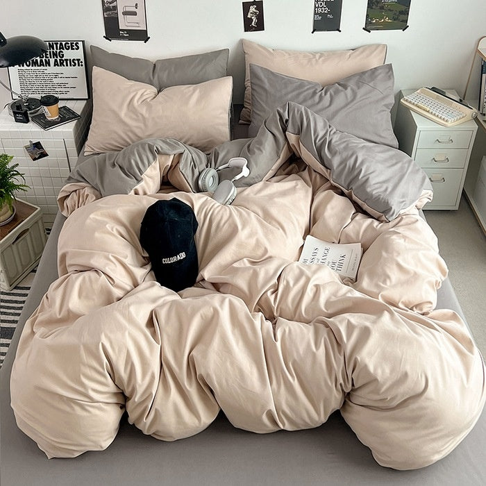 Washed Cotton Solid Color Double Spliced Four-Piece Bedding Set