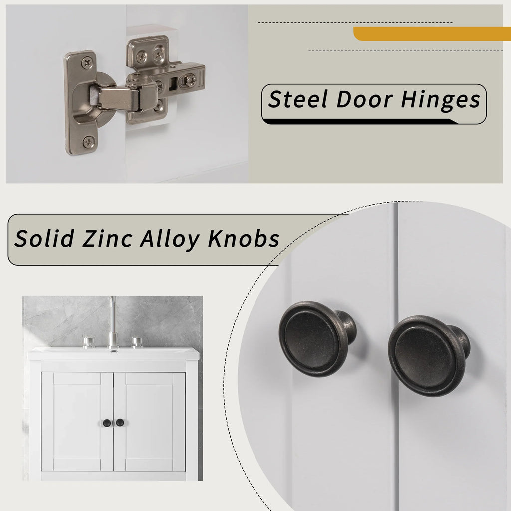 Close-up of eprolo white bathroom vanity featuring steel door hinges and solid zinc alloy knobs.