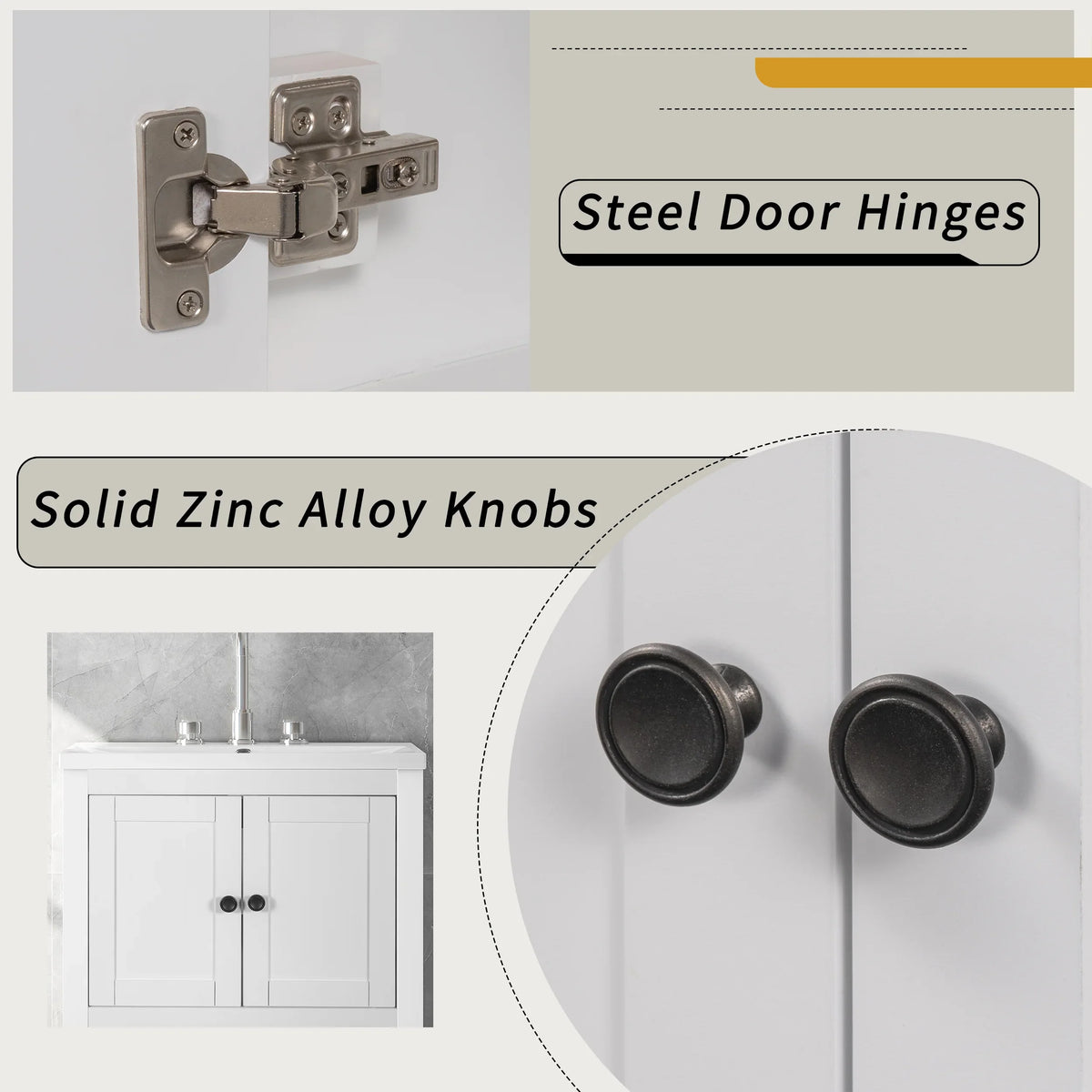 Close-up of eprolo white bathroom vanity featuring steel door hinges and solid zinc alloy knobs.