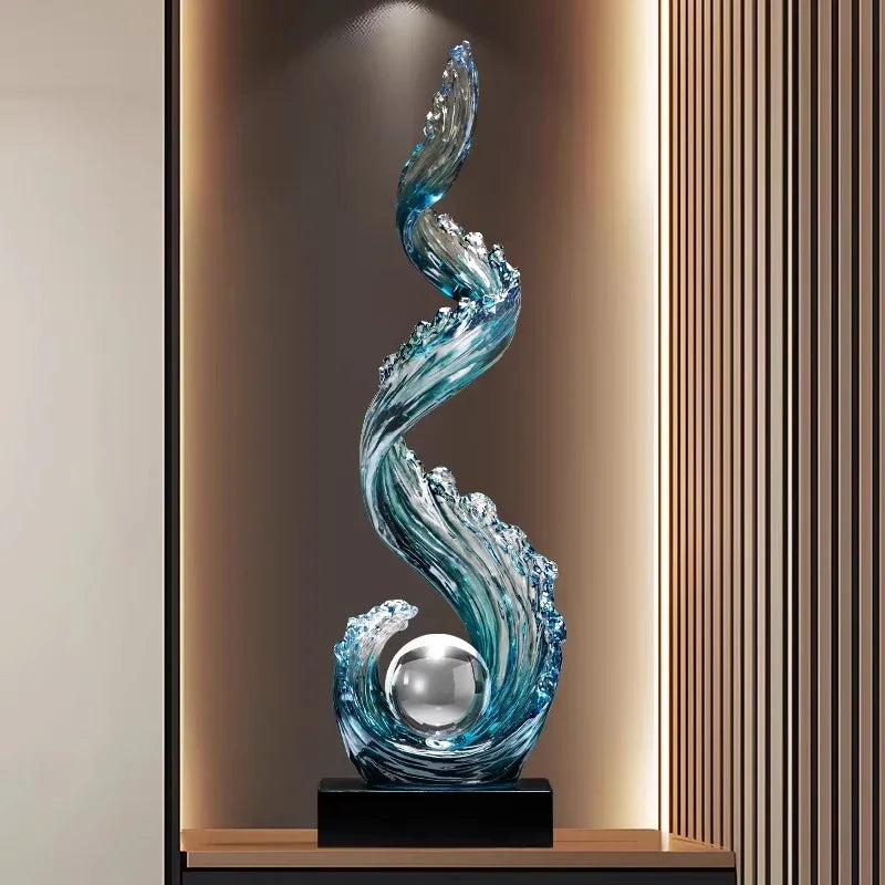 Modern blue glass wave sculpture with silver sphere for living room entrance hall decor by eprolo
