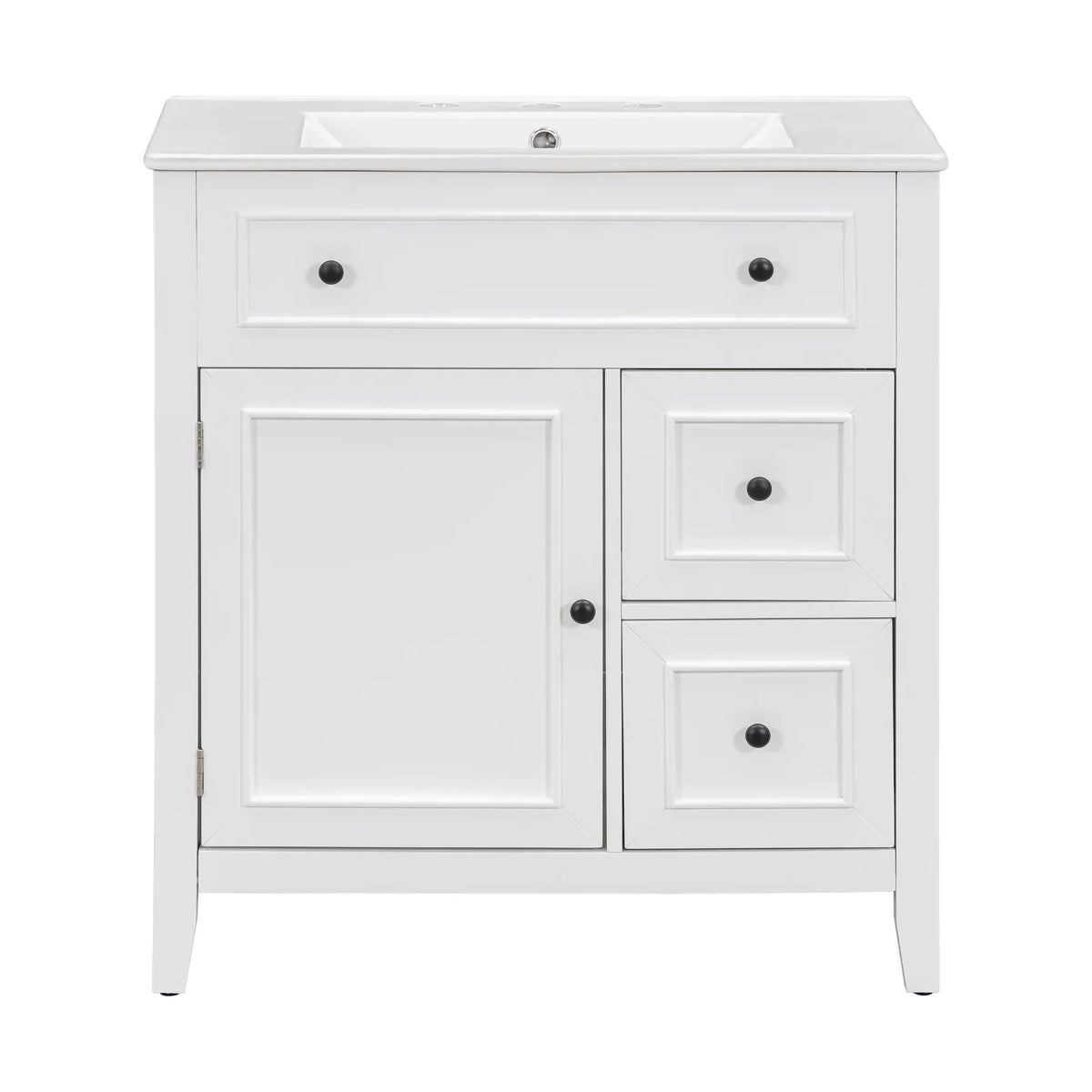 White 30 inch eprolo bathroom vanity with sink top, cabinet door, and two drawers.