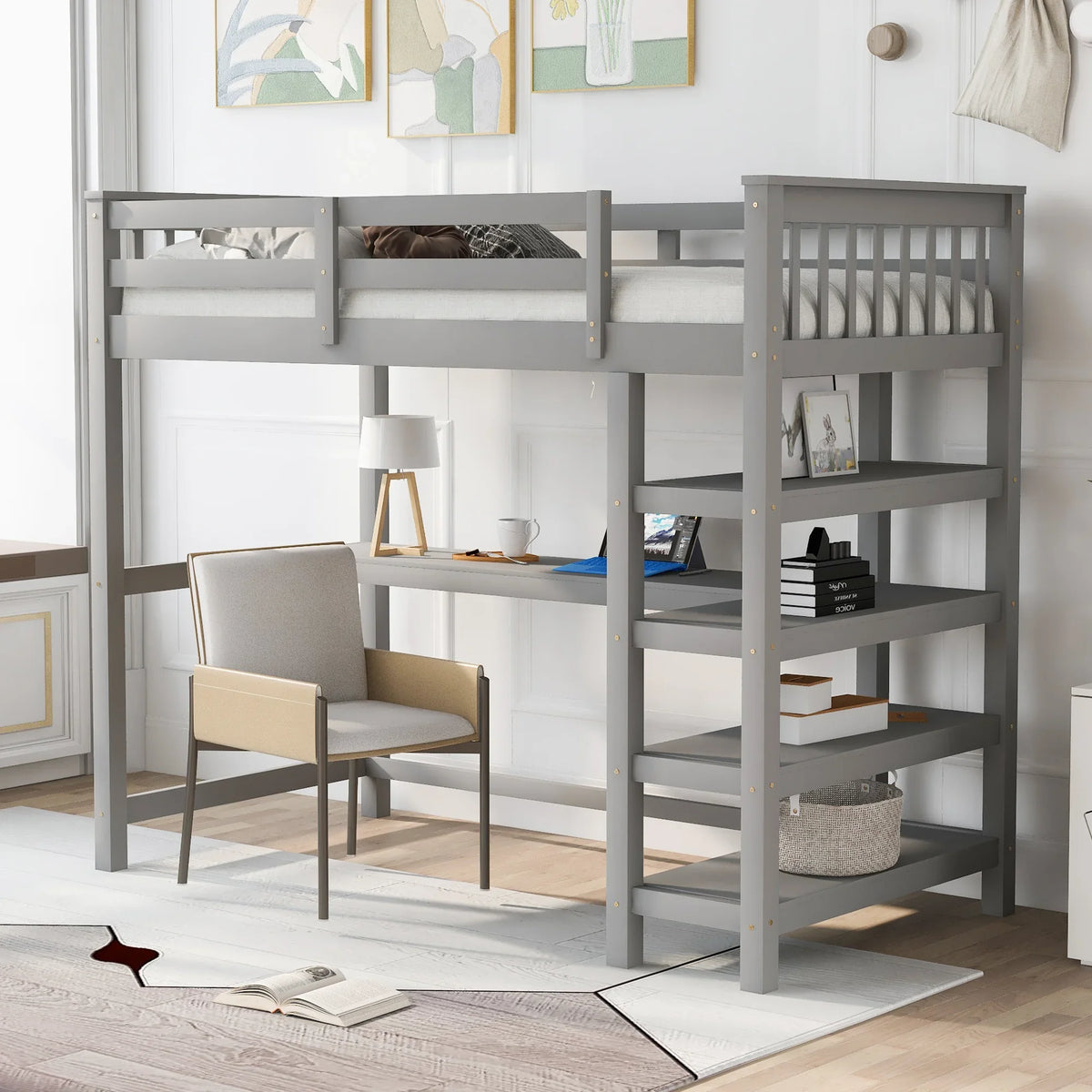 eprolo gray twin size loft bed with integrated desk and storage shelves in a bright room