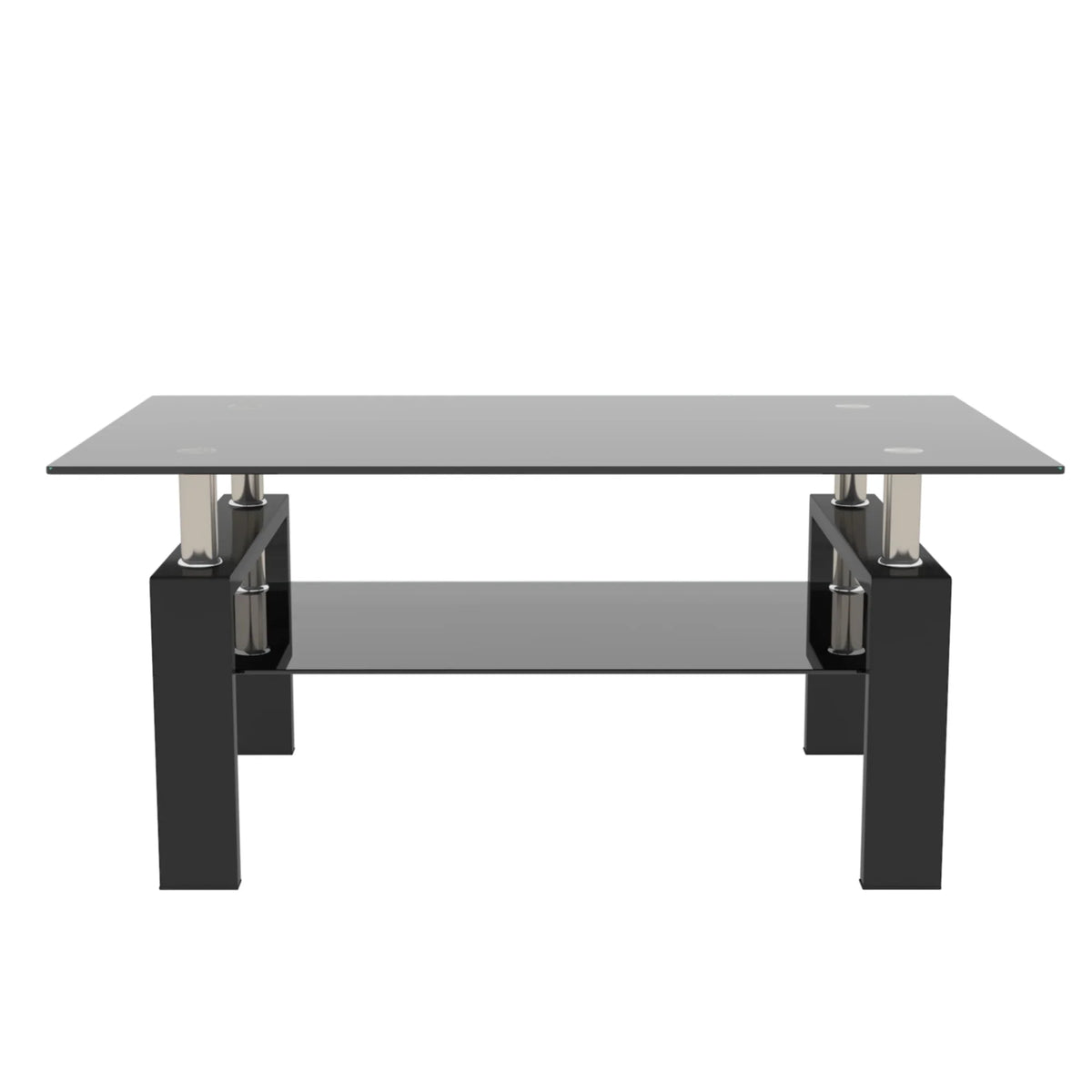 Modern eprolo rectangle black glass coffee table with silver metal accents for living room.