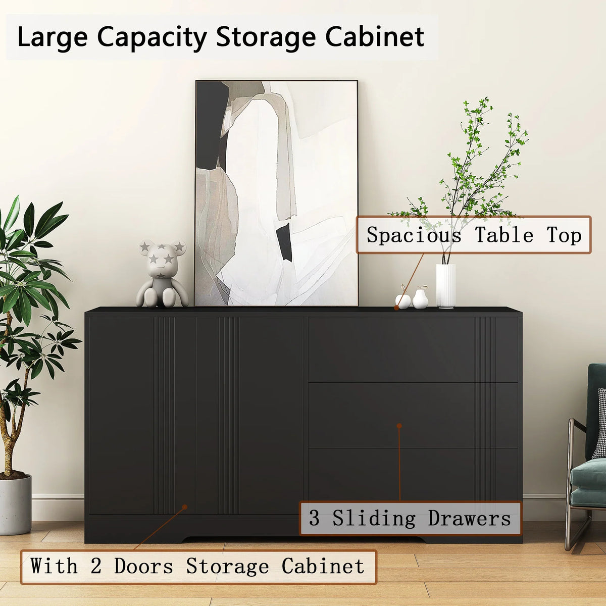Modern black kitchen buffet cabinet by eprolo with 3 sliding drawers and 2 doors storage.