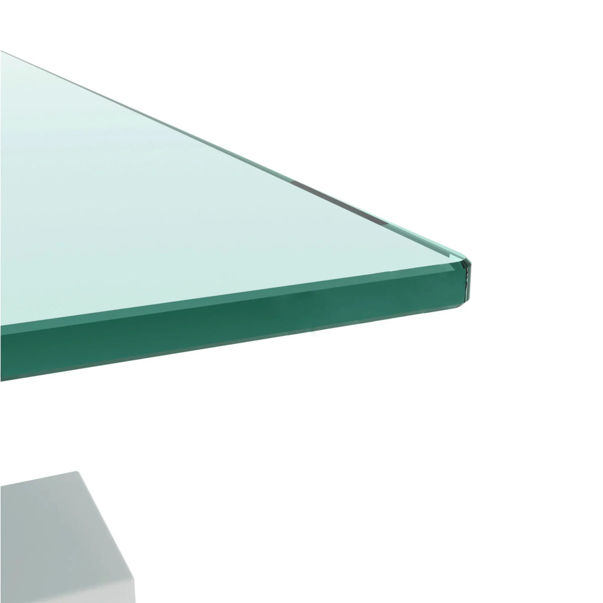 Close-up of the thick, clear glass tabletop of an eprolo modern coffee table.