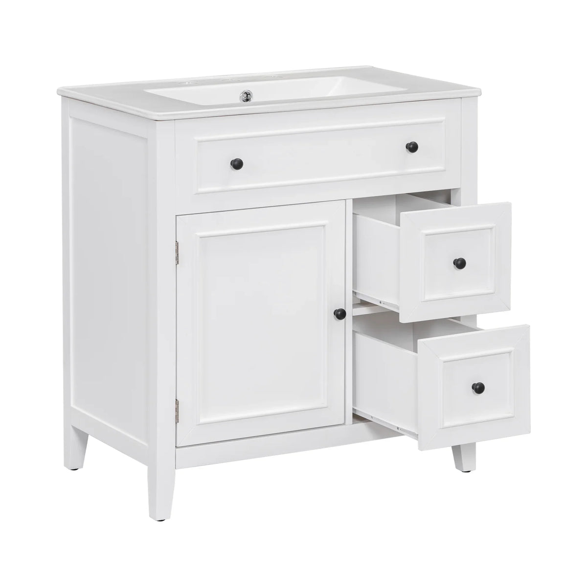 White 30 inch eprolo bathroom vanity with sink top, cabinet door, and two drawers.