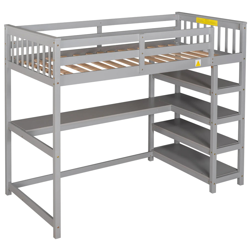 eprolo twin size loft bed in gray with built-in storage shelves and under-bed desk