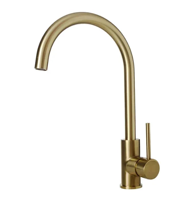 Brushed gold stainless steel kitchen faucet by eprolo with high arc spout.
