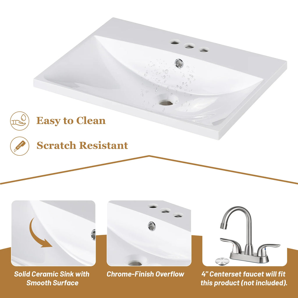 White solid ceramic bathroom sink with chrome-finish overflow and scratch-resistant surface.