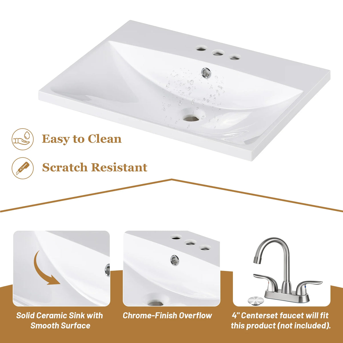 White solid ceramic bathroom sink with chrome-finish overflow and scratch-resistant surface.