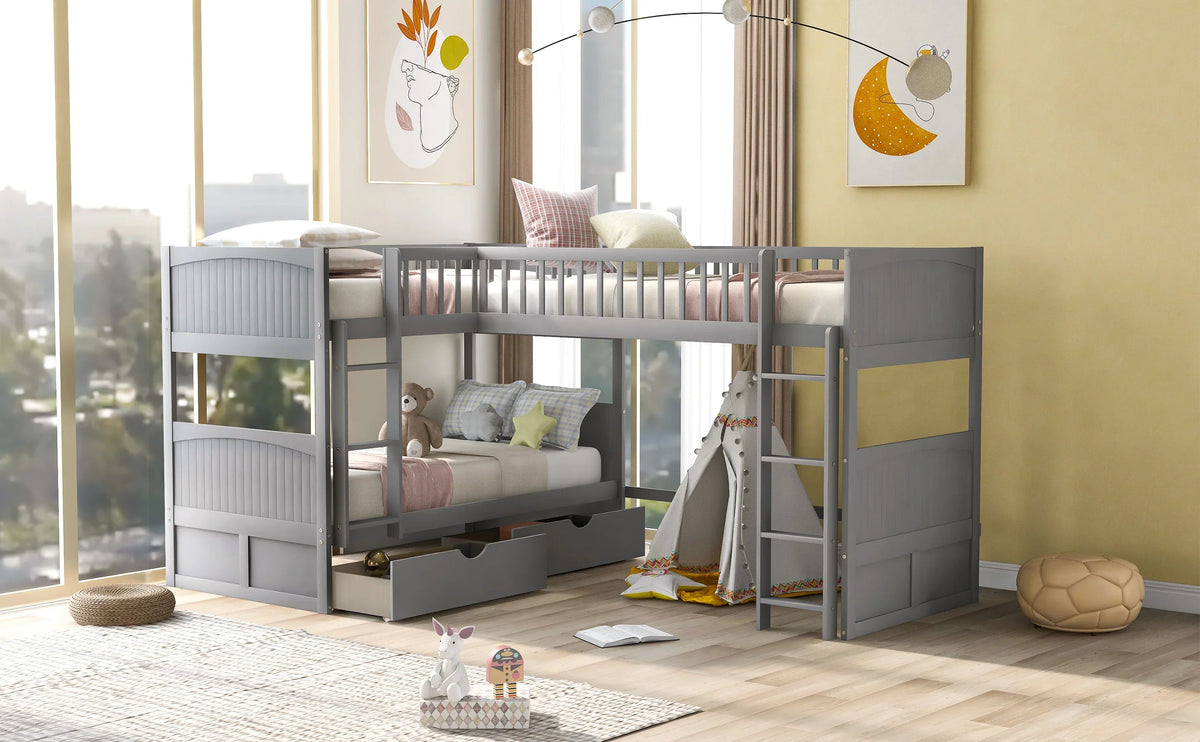 Gray eprolo twin size bunk bed with loft bed and two storage drawers in a bright bedroom.