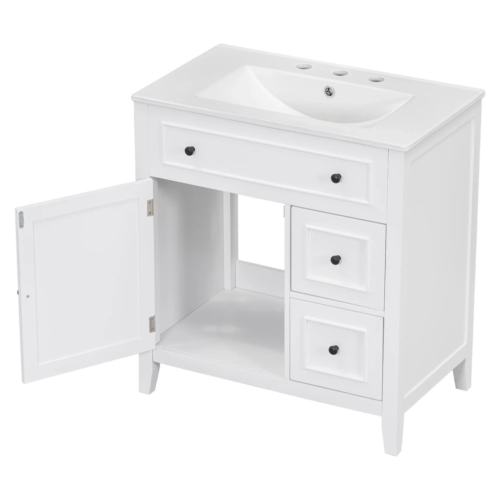 White 30 inch eprolo bathroom vanity with sink top, one door, and two drawers.
