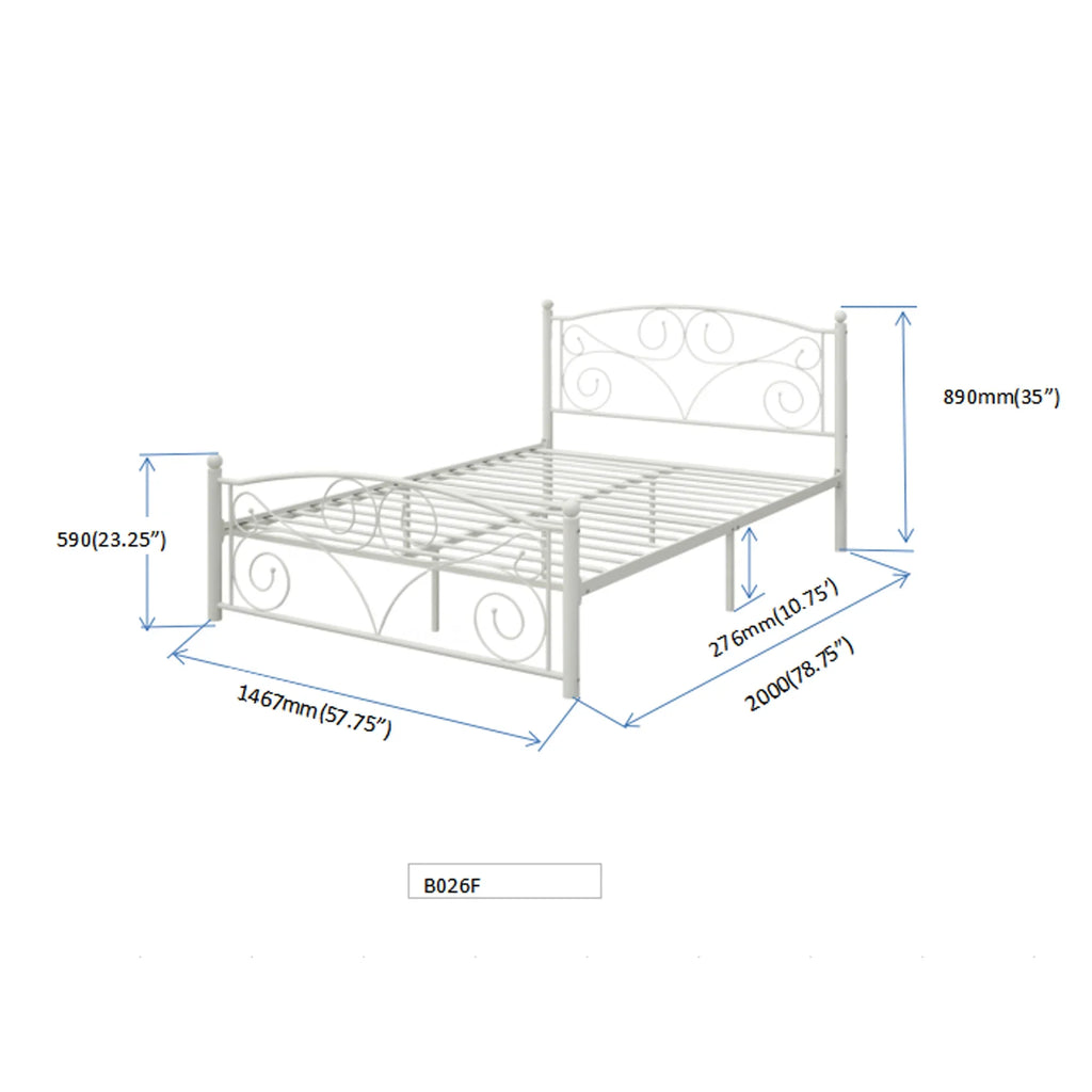 White metal full bed frame with flower design and dimensions for eprolo bed.
