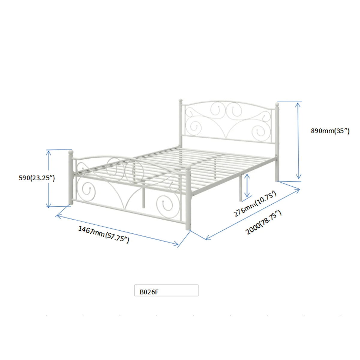 White metal full bed frame with flower design and dimensions for eprolo bed.