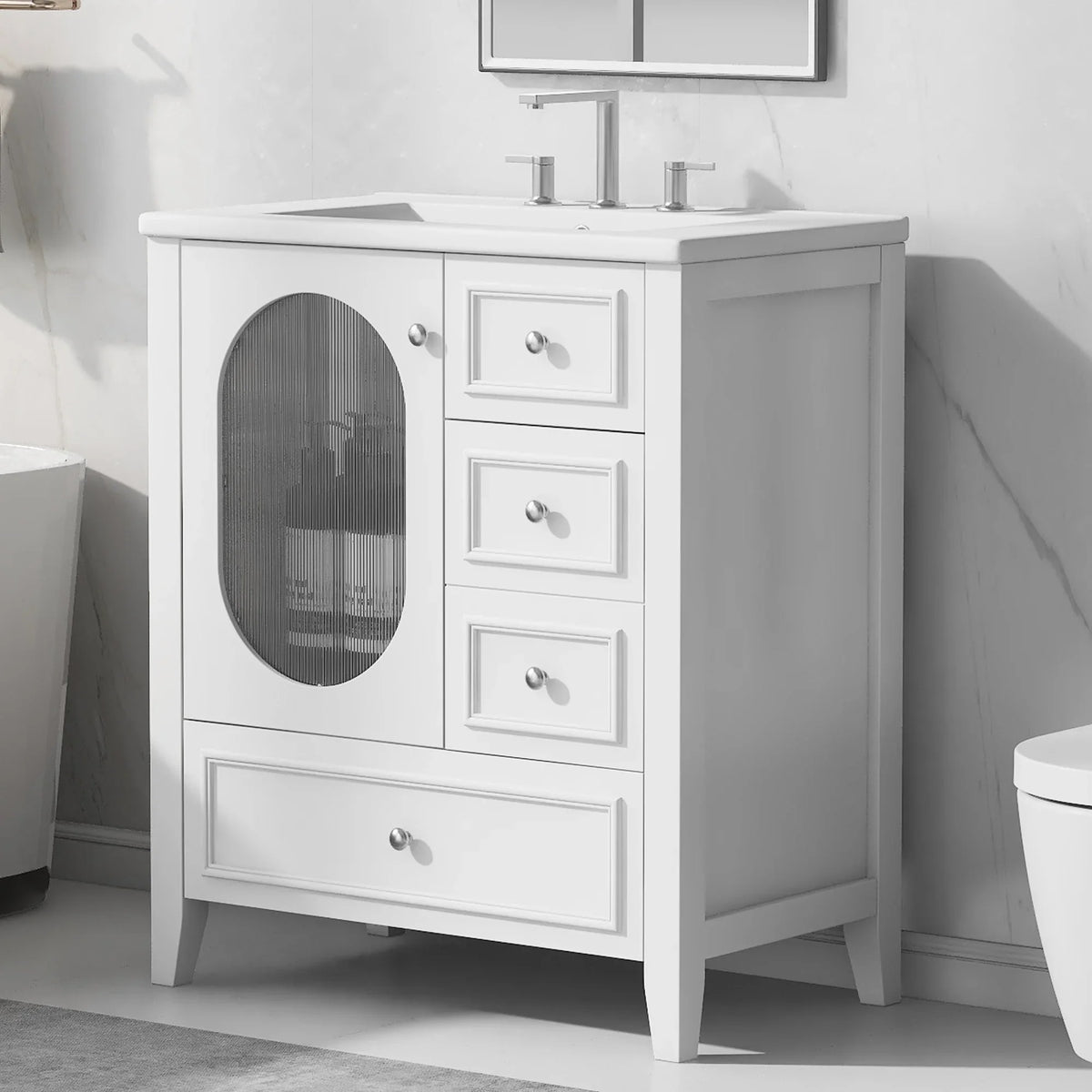 eprolo 30-inch white bathroom vanity with sink, three drawers, and a mesh-door cabinet