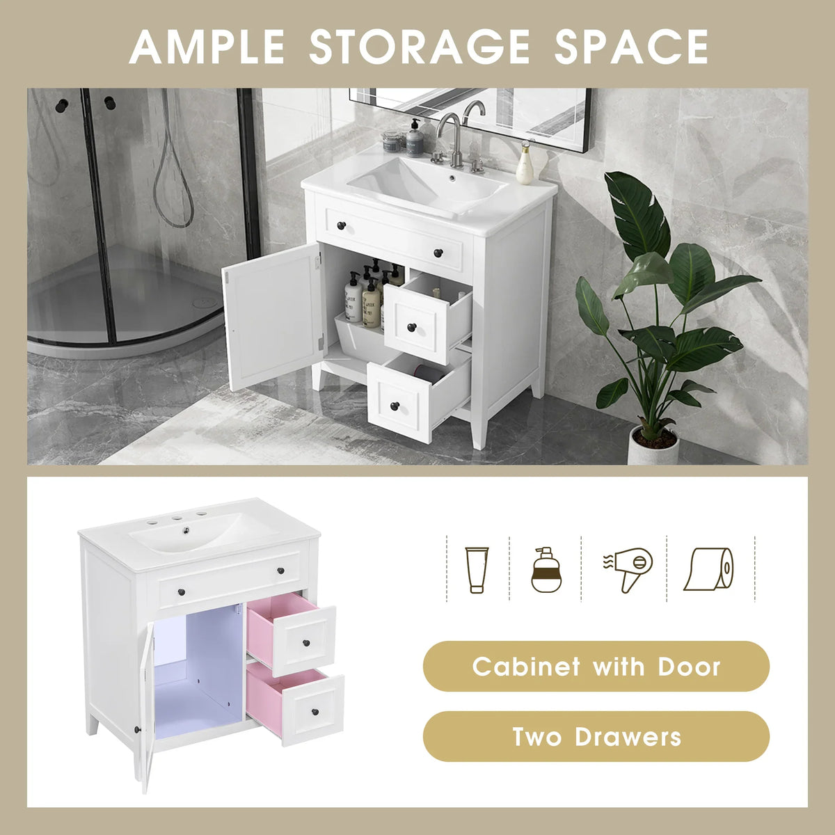 White 30 inch eprolo bathroom vanity with sink, cabinet door, and two storage drawers.