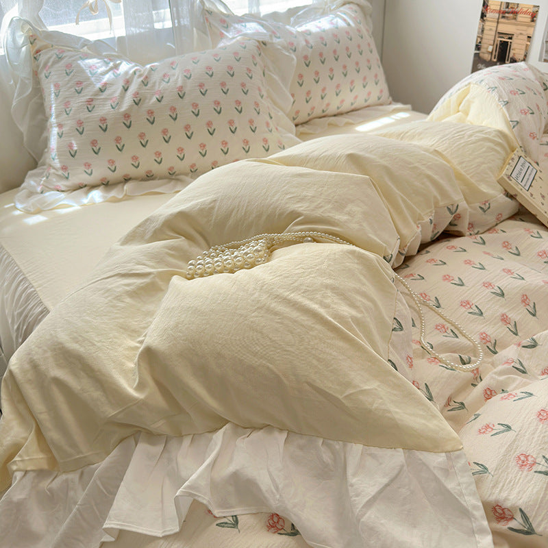 Skin friendly French romantic lace washed cotton printed bed bedding skirt four piece set